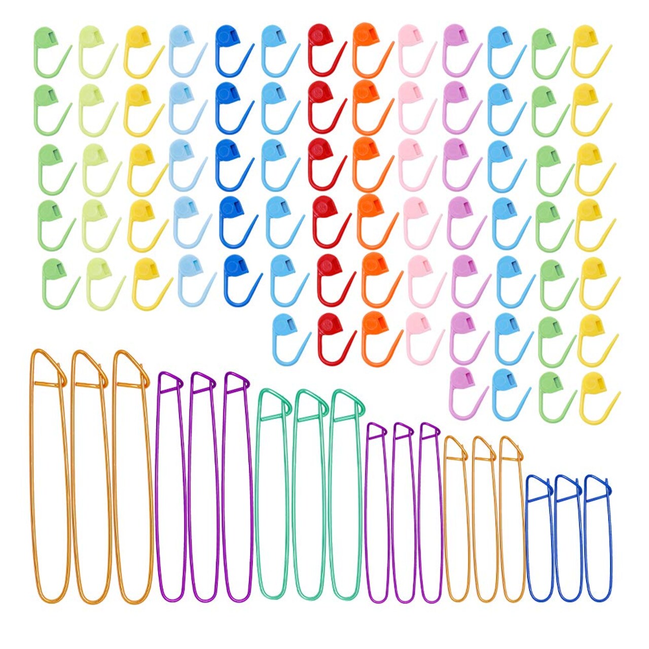 18 Pieces Knitting Stitch Holders,6 Sizes Yarn Stitch Holder Set for Crochet Knitting Needle Aluminum Stitch Holders Safety Pins with 100 Locking Stitch Markers